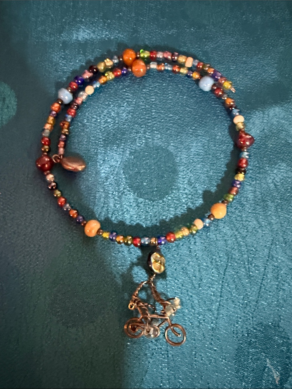 Multicolor Beaded Wrap necklace with Bicycle Charm